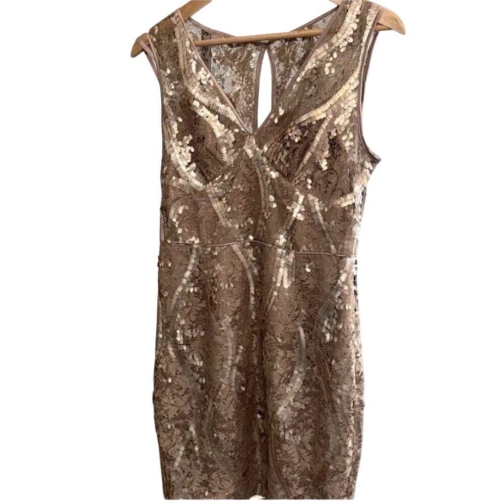Adrianna Papell Taupe & Gold Sequin Lace Mini Dress NWT Size 8